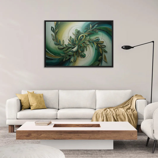 Opulent Natures Flow Green Abstract - Living Room Black Frame Canvas