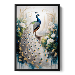 Opulent Peacock Elegance in White and Gold - Black Framed Canvas Wall Art - Front