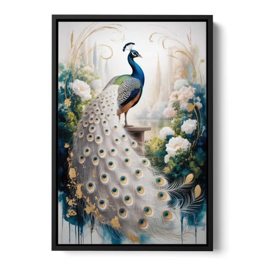 Opulent Peacock Elegance in White and Gold - Black Framed Canvas Wall Art - Front