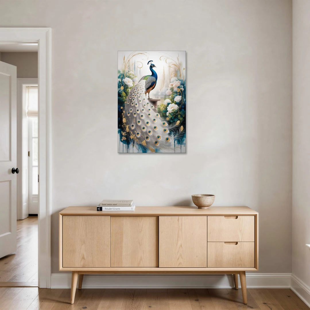 Opulent Peacock Elegance in White and Gold - Canvas Wall Art - Coffee Table - 24x36