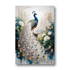 Opulent Peacock Elegance in White and Gold - Canvas Wall Art - Front