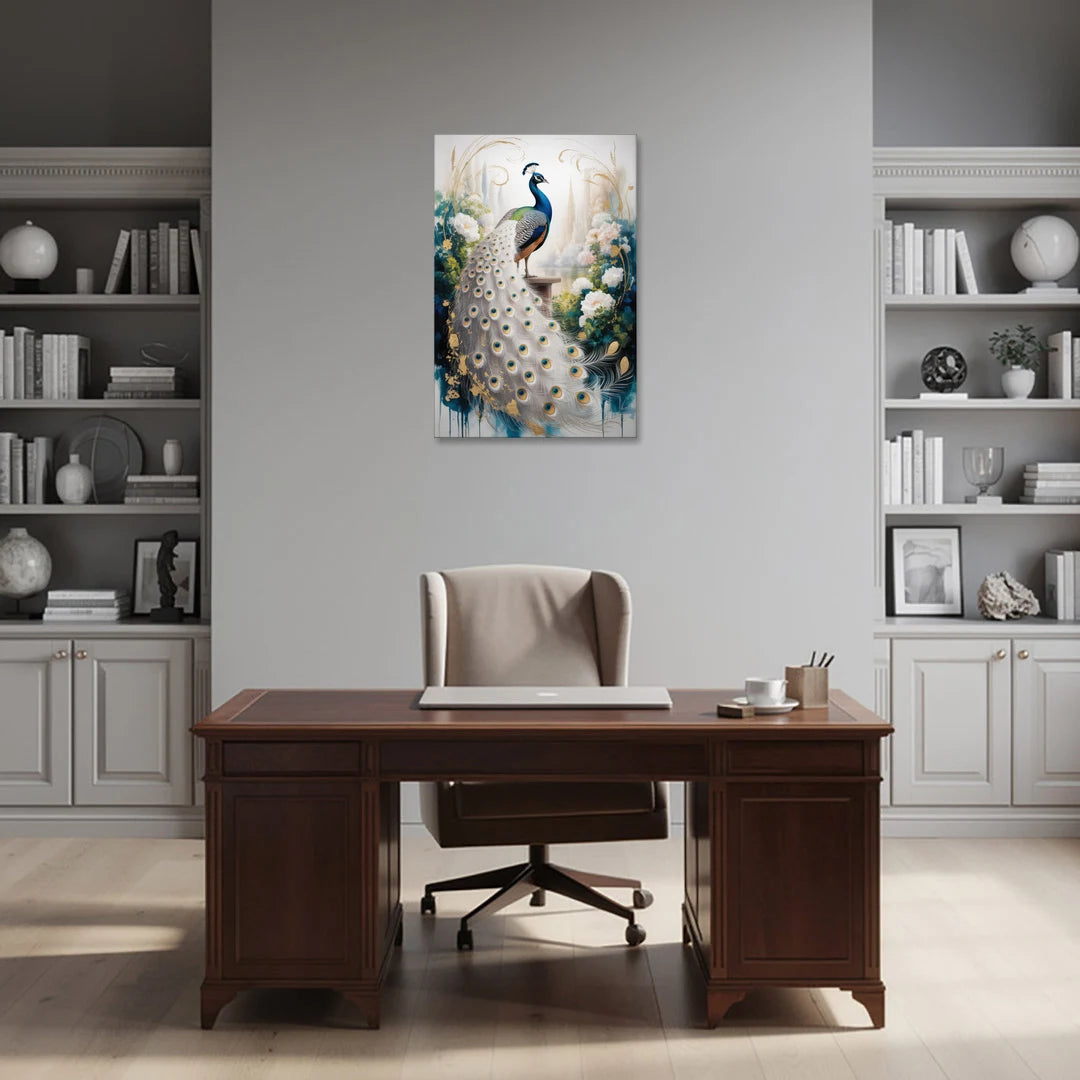 Opulent Peacock Elegance in White and Gold - Canvas Wall Art - Office - 24x36
