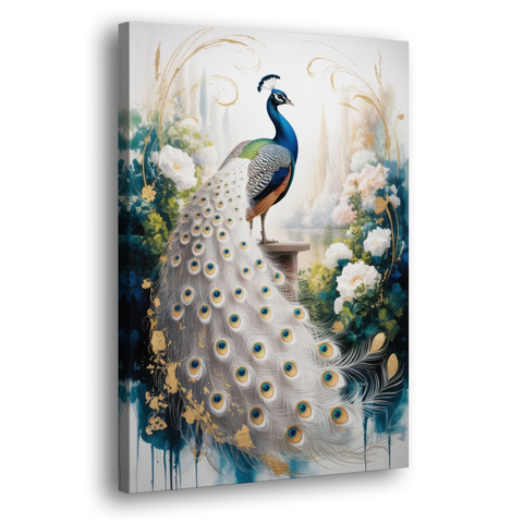 Opulent Peacock Elegance in White and Gold - Canvas Wall Art - Side