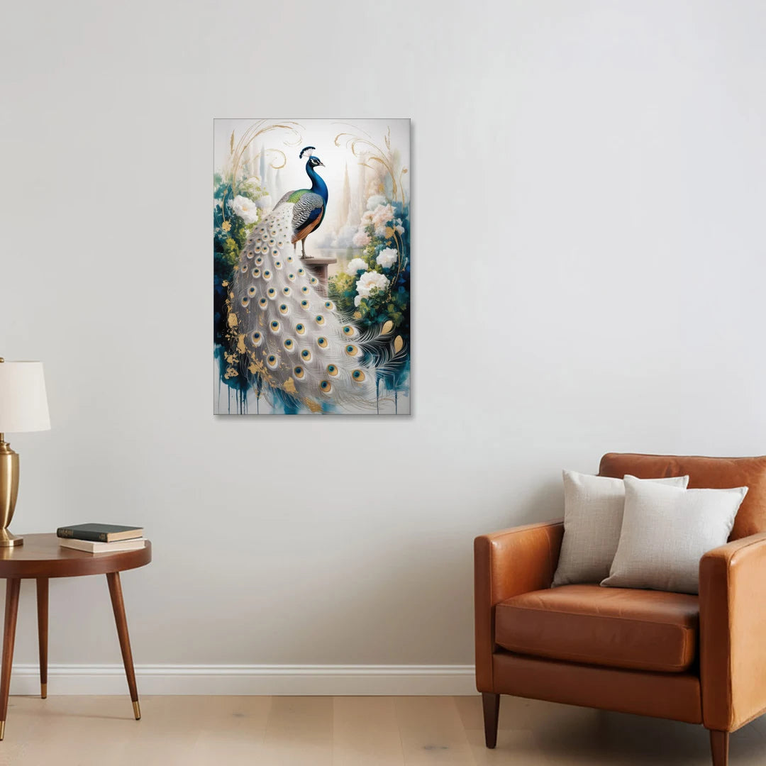 Opulent Peacock Elegance in White and Gold - Canvas Wall Art - Sofa - 24x36