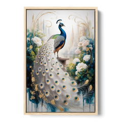 Opulent Peacock Elegance in White and Gold - Oak Framed Canvas Wall Art - Front