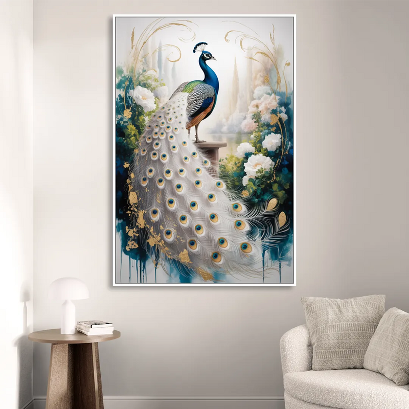 Opulent Peacock Elegance in White and Gold Living Room - White Canvas Wall Art