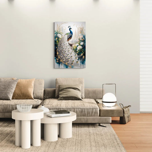 Opulent Peacock Elegance in White and Gold - Canvas Wall Art Living Room