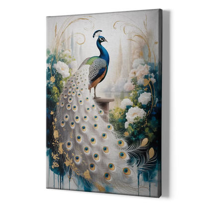 Opulent Peacock Elegance in White and Gold - Canvas Print Art Sides