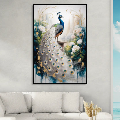 Opulent Peacock Elegance in White and Gold Sitting Room - Black Canvas Wall Art