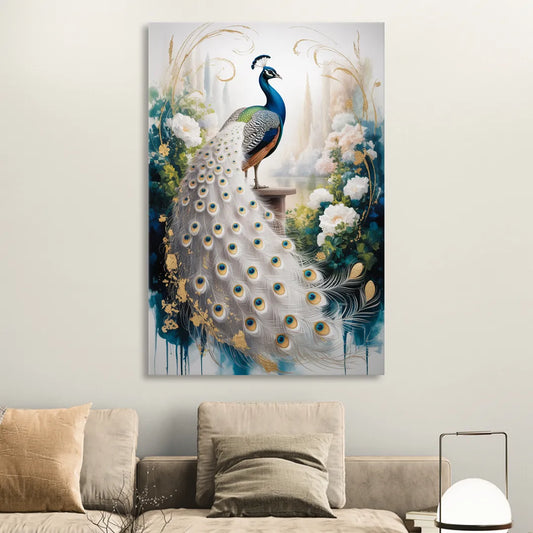 Opulent Peacock Elegance in White and Gold Living Room - Canvas Wall Art