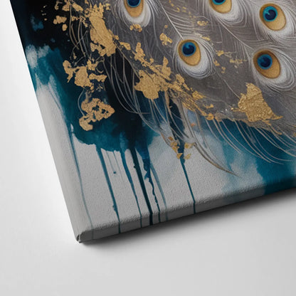 Opulent Peacock Elegance in White and Gold Canvas Close Up