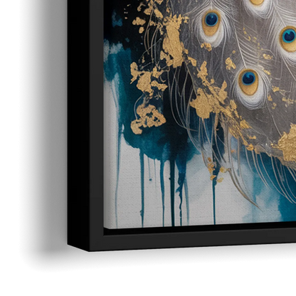 Opulent Peacock Elegance in White and Gold - Close-Up Black Frame Canvas