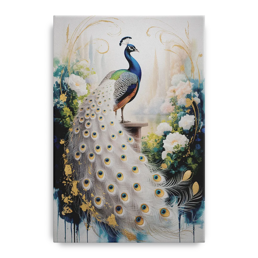 Opulent Peacock Elegance in White and Gold Front - Canvas Wall Art