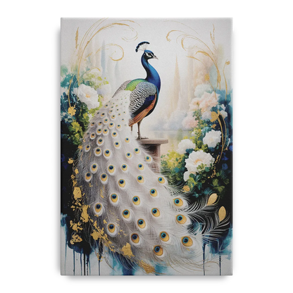 Opulent Peacock Elegance in White and Gold Front - Canvas Wall Art