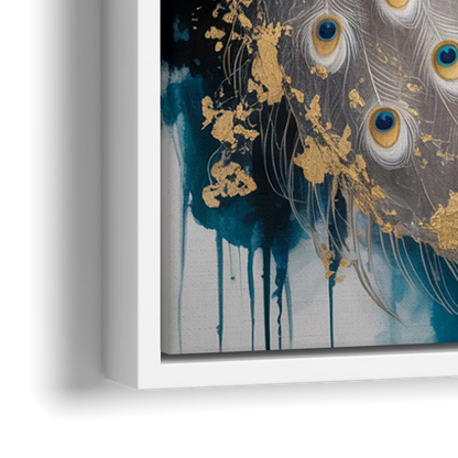 Opulent Peacock Elegance in White and Gold - Close-Up White Frame Canvas