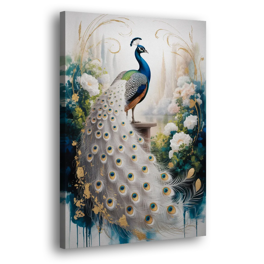 Opulent Peacock Elegance in White and Gold Side - Canvas Wall Art