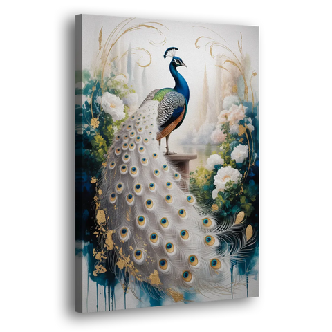 Opulent Peacock Elegance in White and Gold - Canvas Wall Art