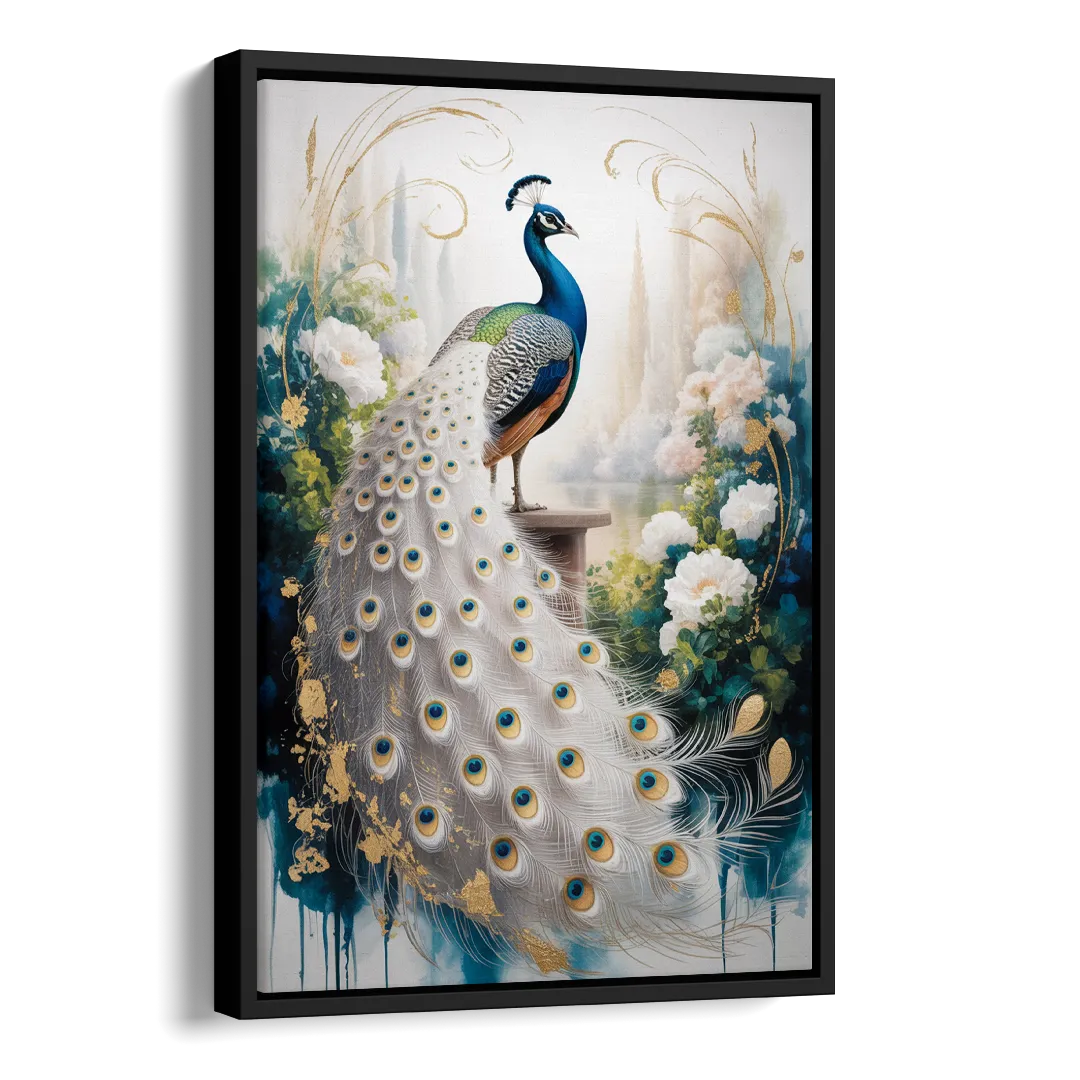 Opulent Peacock Elegance in White and Gold Side - Black Canvas Wall Art