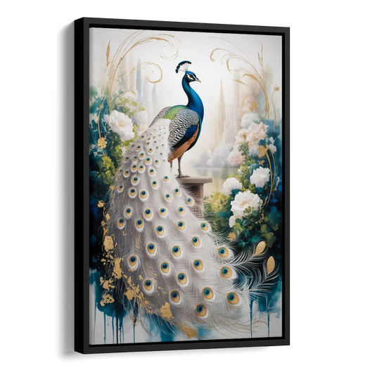 Opulent Peacock Elegance in White and Gold Side - Black Canvas Wall Art