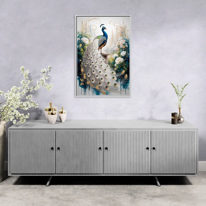 Opulent Peacock Elegance in White and Gold - Living Room White Frame Canvas