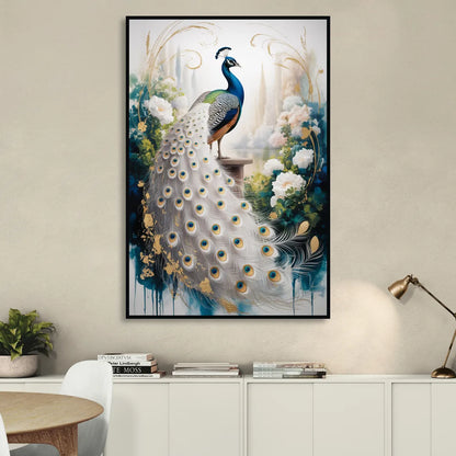 Opulent Peacock Elegance in White and Gold Living Room - Black Canvas Wall Art