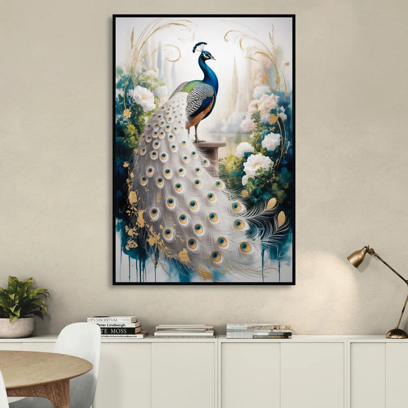 Opulent Peacock Elegance in White and Gold Living Room - Black Canvas Wall Art