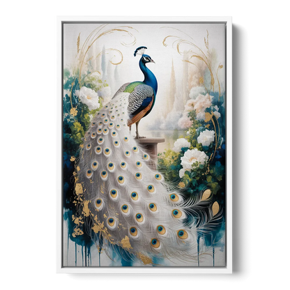 Opulent Peacock Elegance in White and Gold - White Frame Canvas