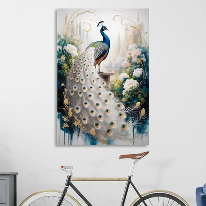 Opulent Peacock Elegance in White and Gold Sitting Room - Canvas Wall Art