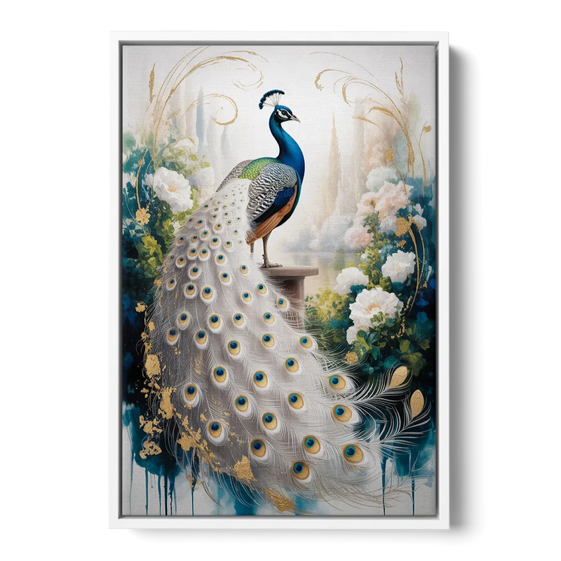 Opulent Peacock Elegance in White and Gold Front - White Canvas Wall Art