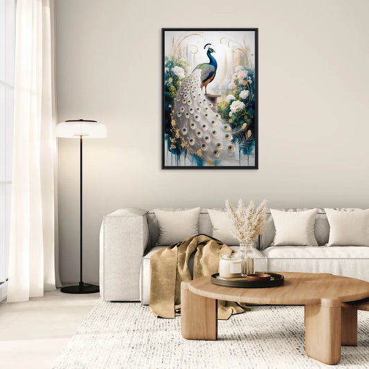 Opulent Peacock Elegance in White and Gold - Living Room Black Frame Canvas
