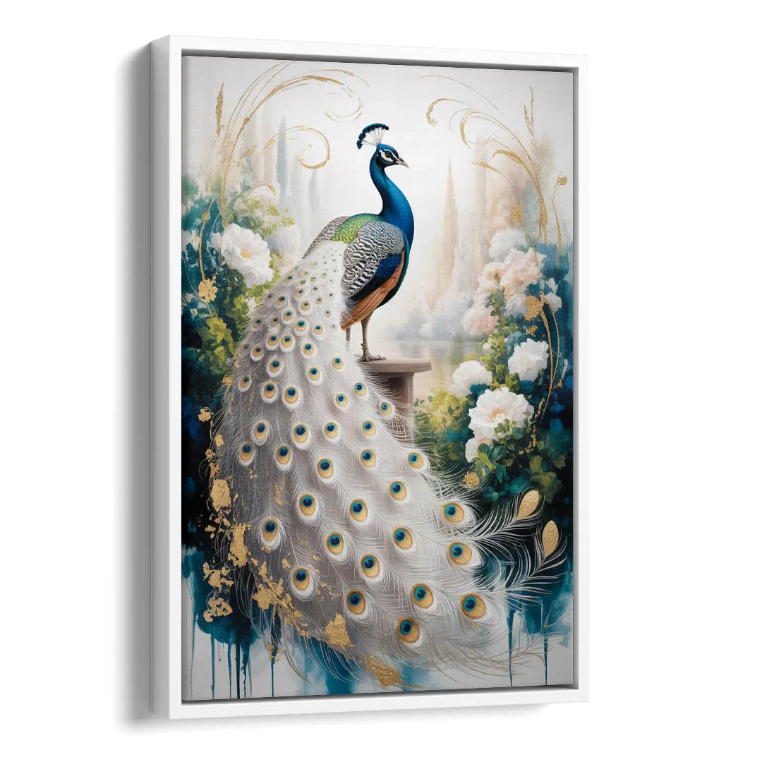 Opulent Peacock Elegance in White and Gold Side - White Canvas Wall Art