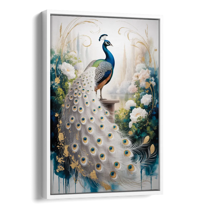Opulent Peacock Elegance in White and Gold Side - White Canvas Wall Art