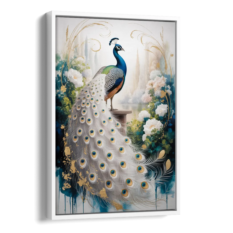 Opulent Peacock Elegance in White and Gold Side - White Canvas Wall Art