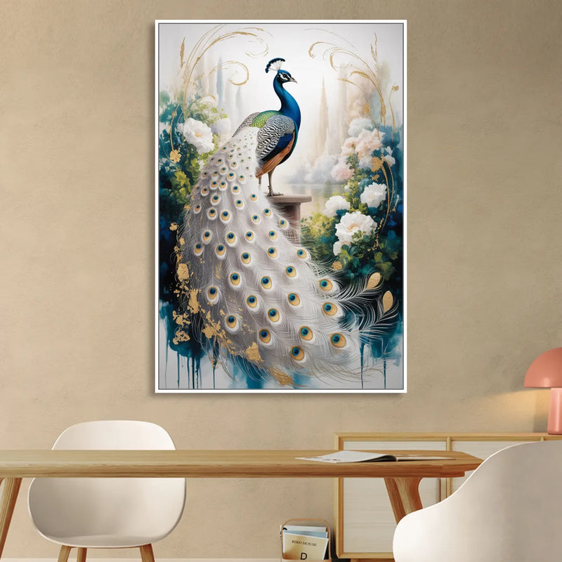Opulent Peacock Elegance in White and Gold Sitting Room - White Canvas Wall Art
