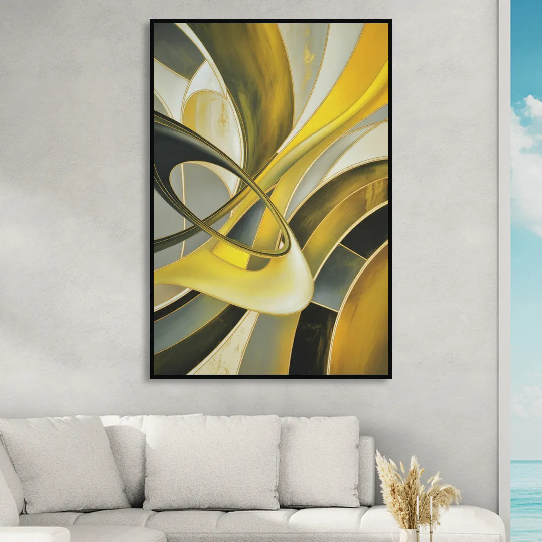 Opulent Resonance Yellow and Grey Abstract Living Room - Black Canvas Wall Art
