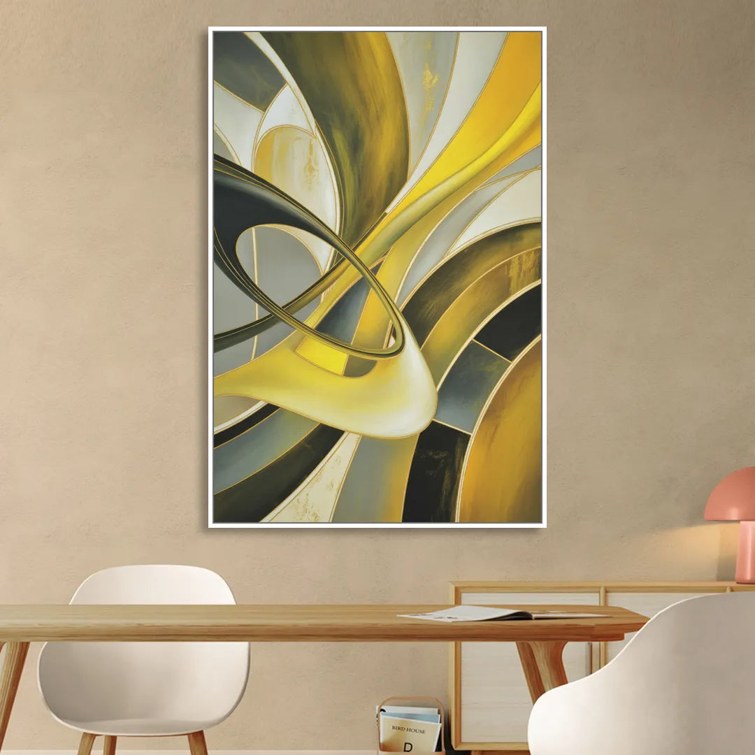 Opulent Resonance Yellow and Grey Abstract Living Room - White Canvas Wall Art