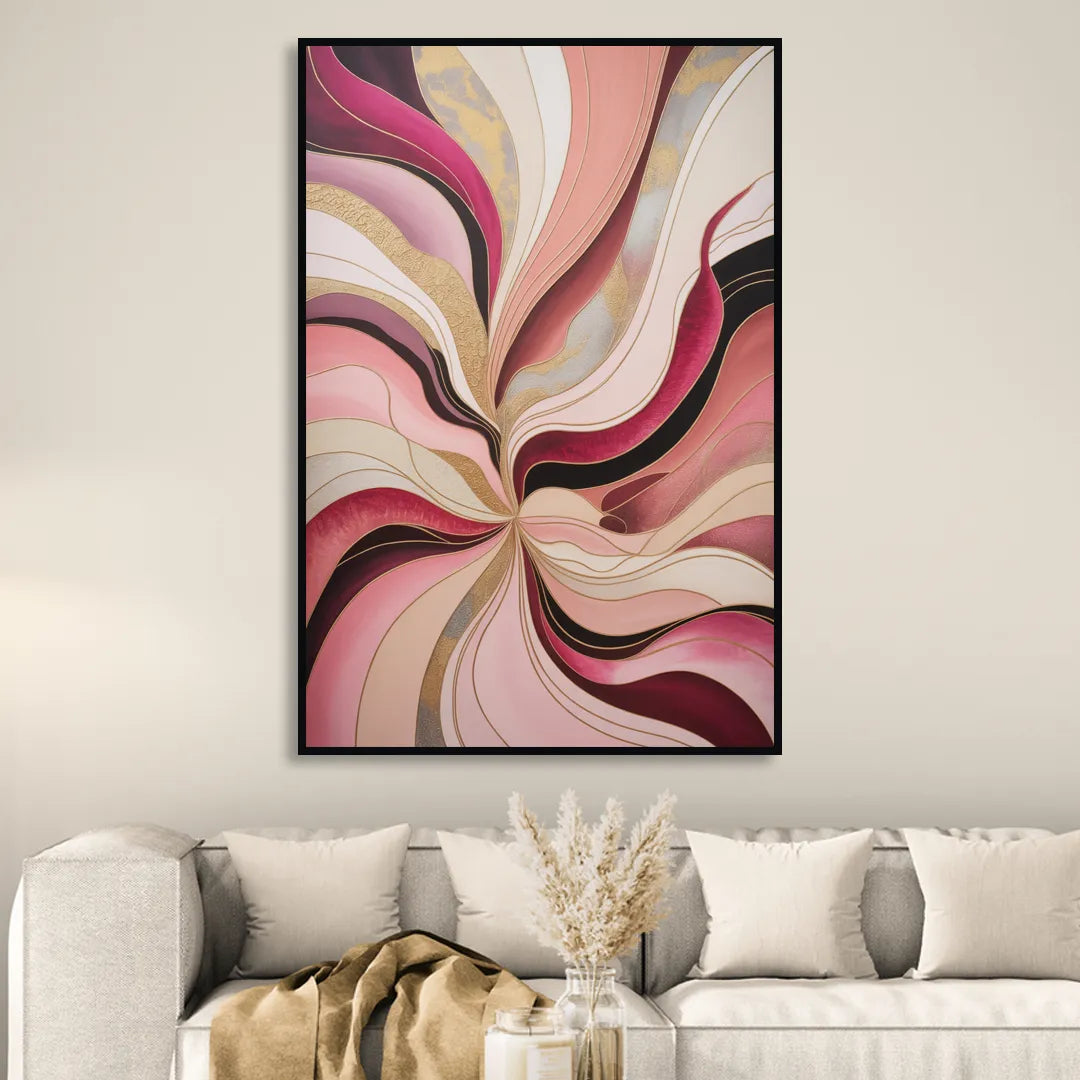 Opulent Serenity Pink Abstract Living Room - Black Canvas Wall Art