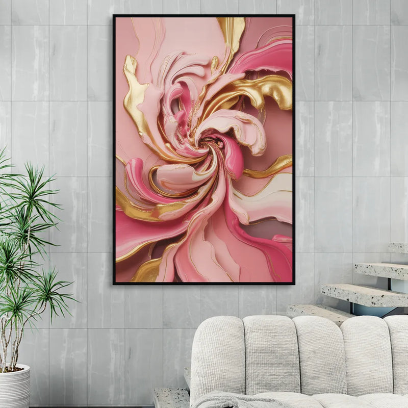 Opulent Serenity Pink and Gold Abstract Sitting Room - Black Canvas Wall Art