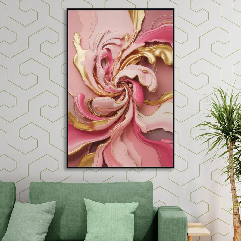 Opulent Serenity Pink and Gold Abstract Living Room - Black Canvas Wall Art