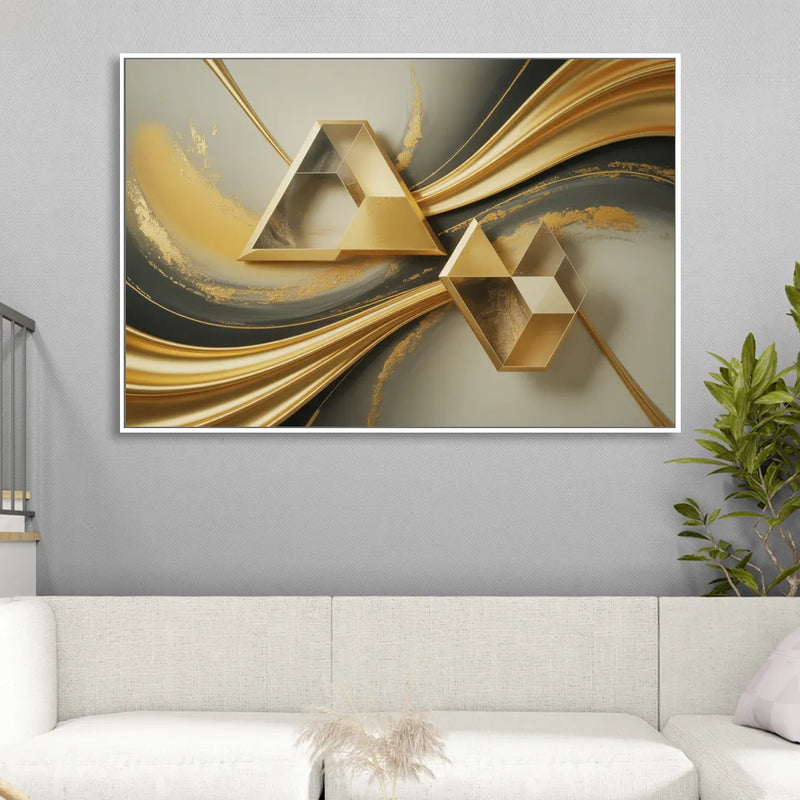 Opulent Streams Gold Abstract Living Room - White Canvas Wall Art