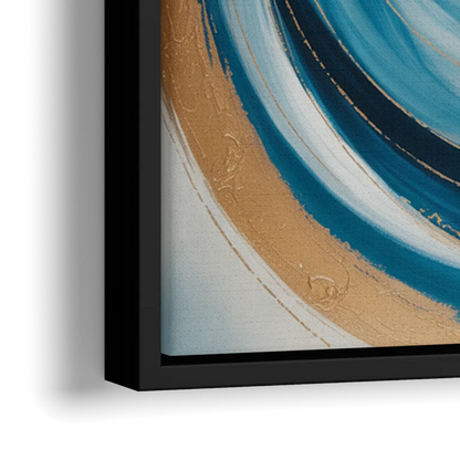 Opulent Swirl Blue and Gold Abstract - Close-Up Black Frame Canvas