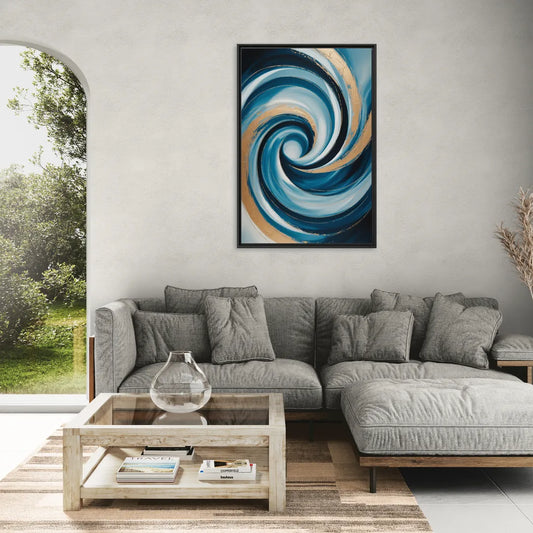 Opulent Swirl Blue and Gold Abstract - Living Room Black Frame Canvas