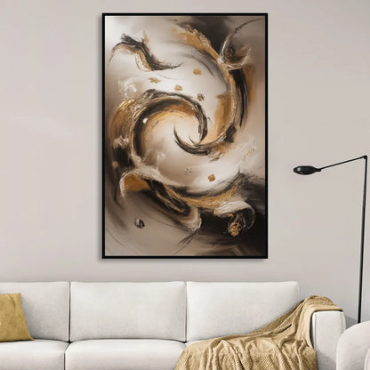 Opulent Swirls Brown Abstract Living Room - Black Canvas Wall Art