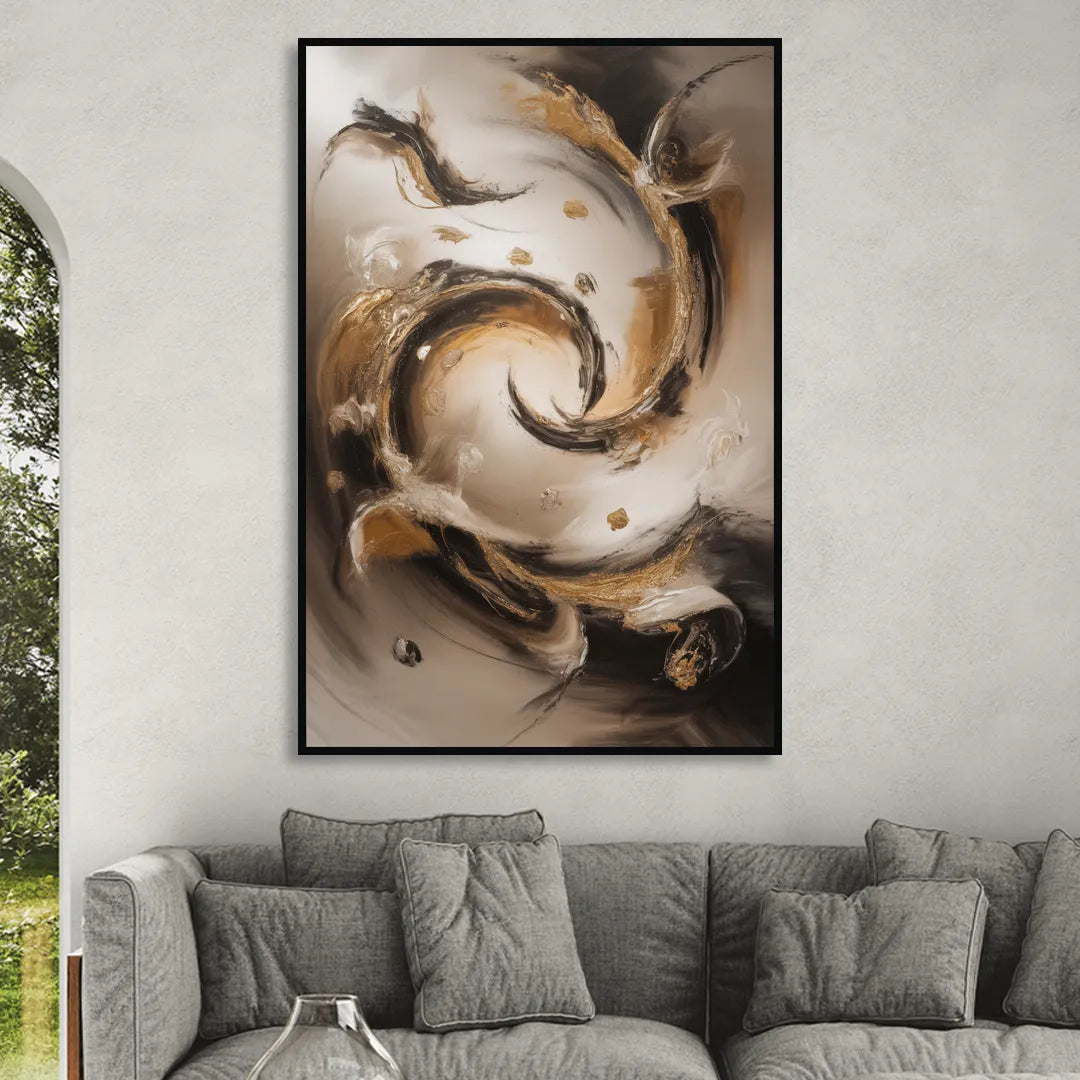 Opulent Swirls Brown Abstract Sitting Room - Black Canvas Wall Art