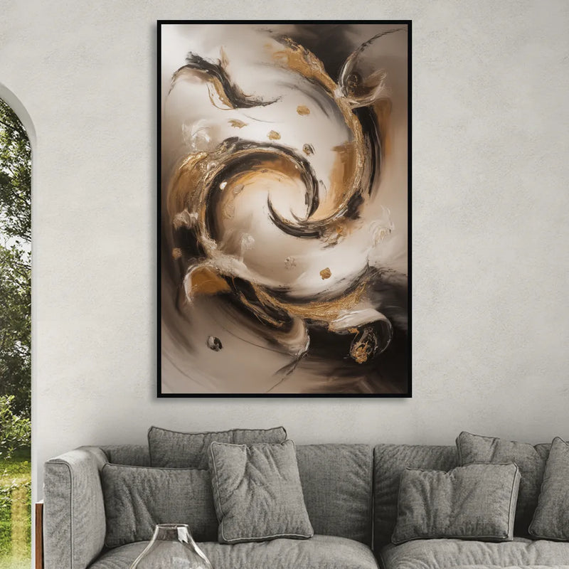 Opulent Swirls Brown Abstract Sitting Room - Black Canvas Wall Art