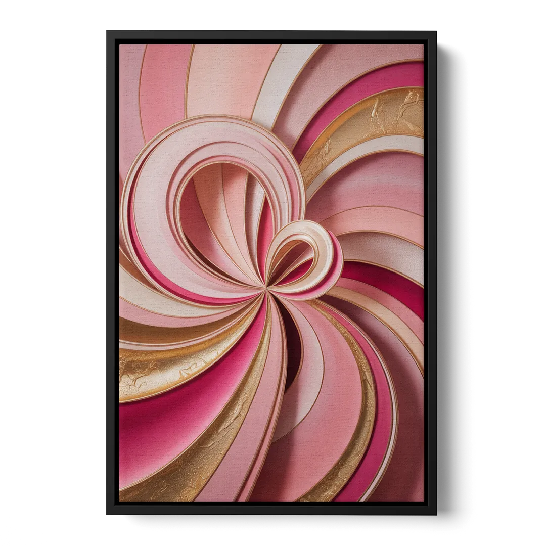 Opulent Swirls Pink and Gold Abstract Front - Black Canvas Wall Art
