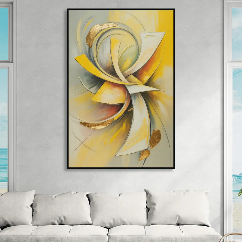 Opulent Vortex Yellow Abstract Sitting Room - Black Canvas Wall Art