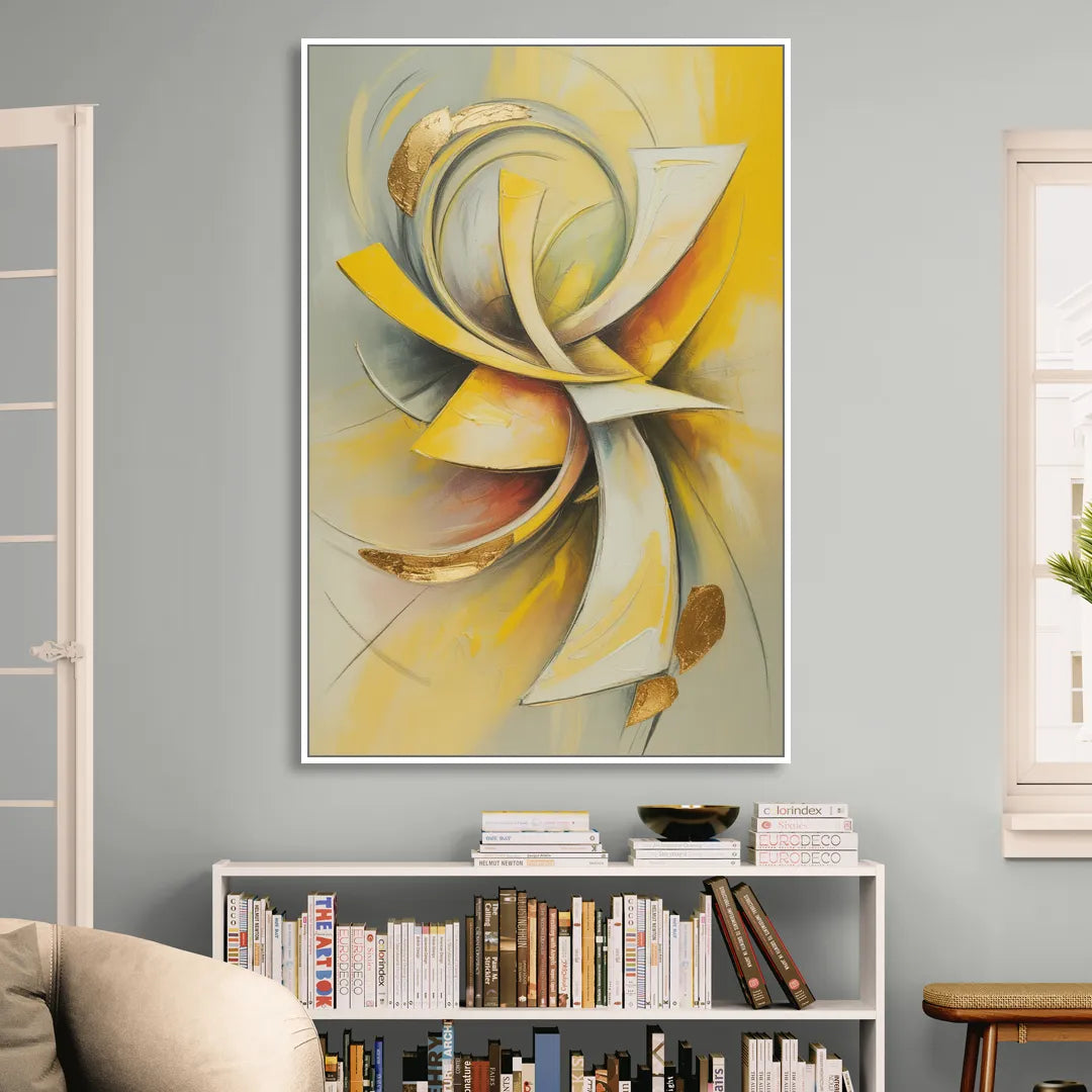 Opulent Vortex Yellow Abstract Living Room - White Canvas Wall Art