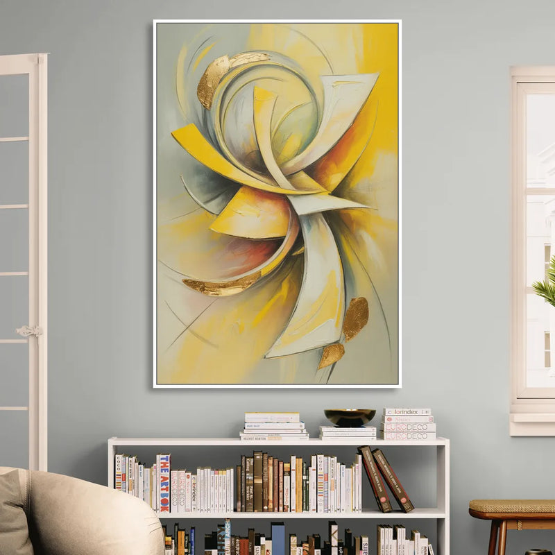 Opulent Vortex Yellow Abstract Living Room - White Canvas Wall Art