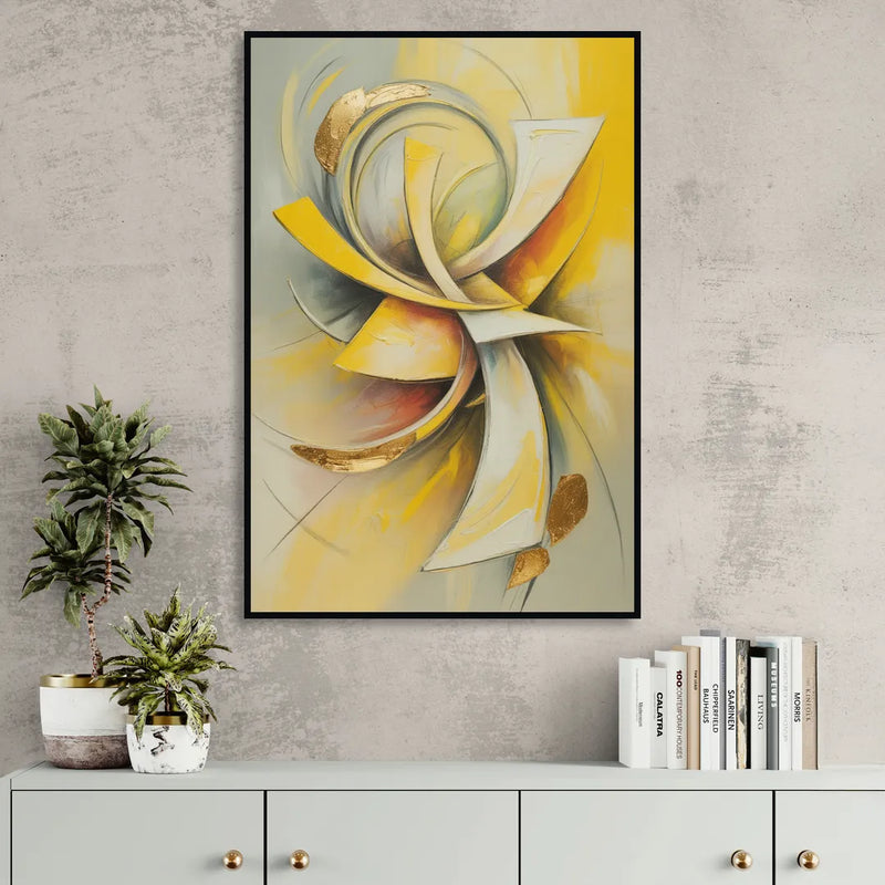 Opulent Vortex Yellow Abstract Living Room - Black Canvas Wall Art